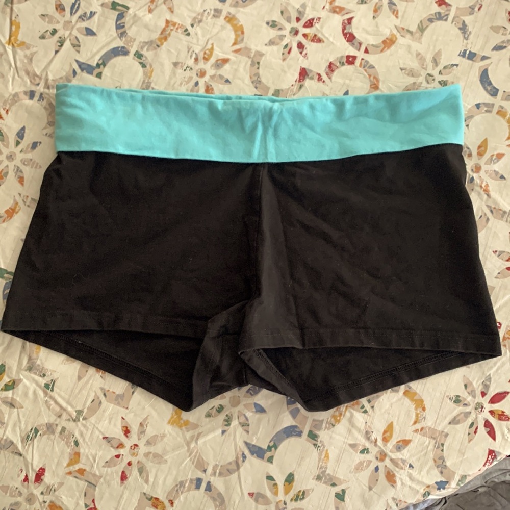 Aerie Slim Gym Shorts, XL, Black w/Aqua Blue Band.